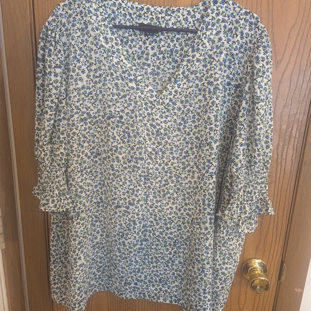 Jones New York V-Neck Floral Puff Ruffle Elbow Sleeves Blue Green-Women's 3X